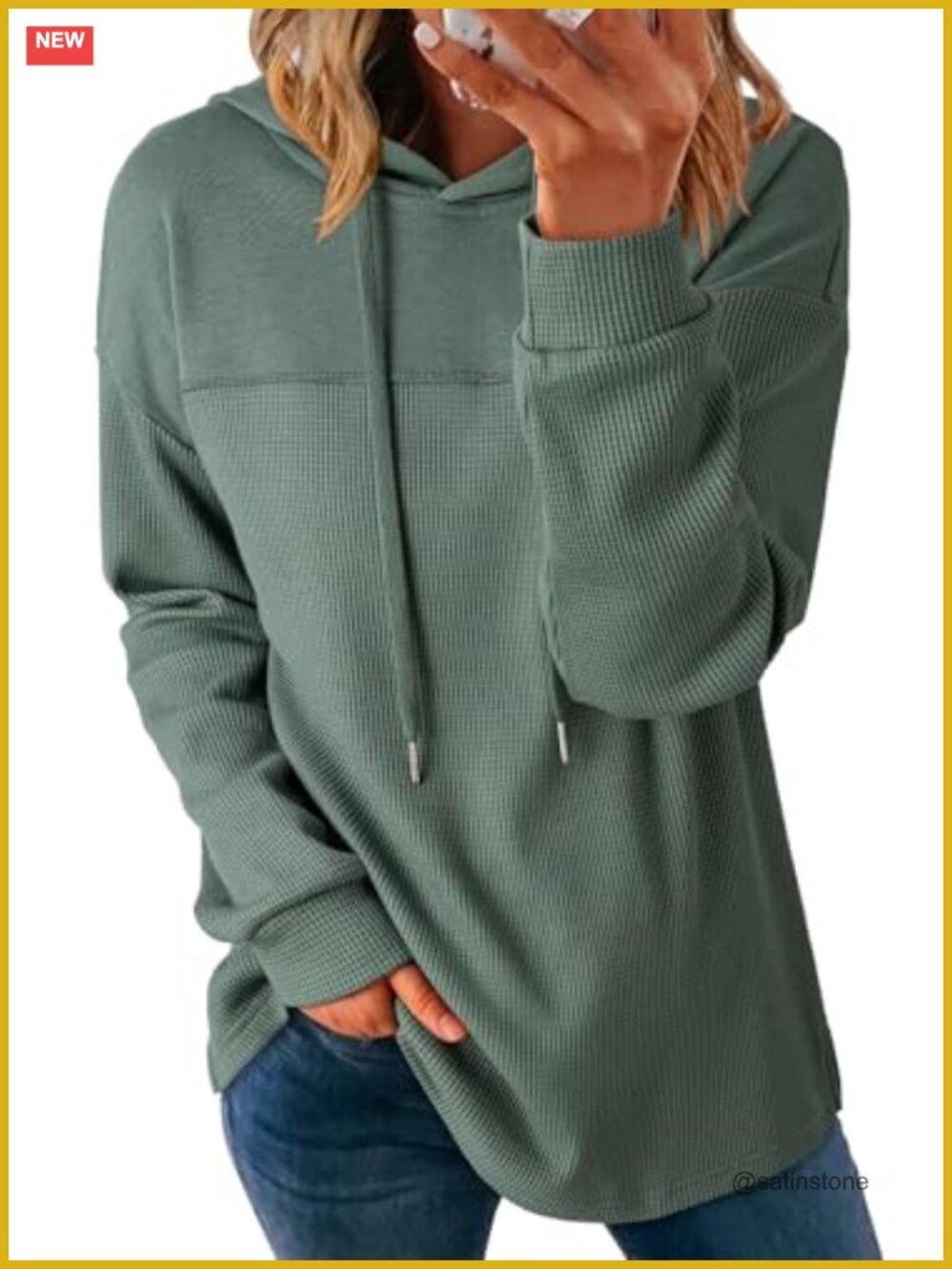 Waffle Knit Hoodie Pullover Sweatshirt Long Sleeve Casual